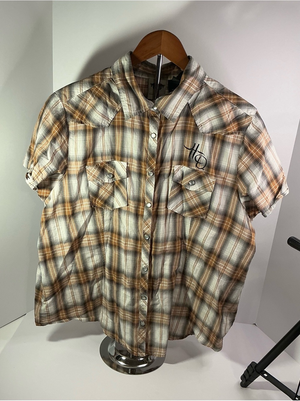 Women’s Harley Davidson 110th Anniversary plaid pearl button up 1W Brown/Black
